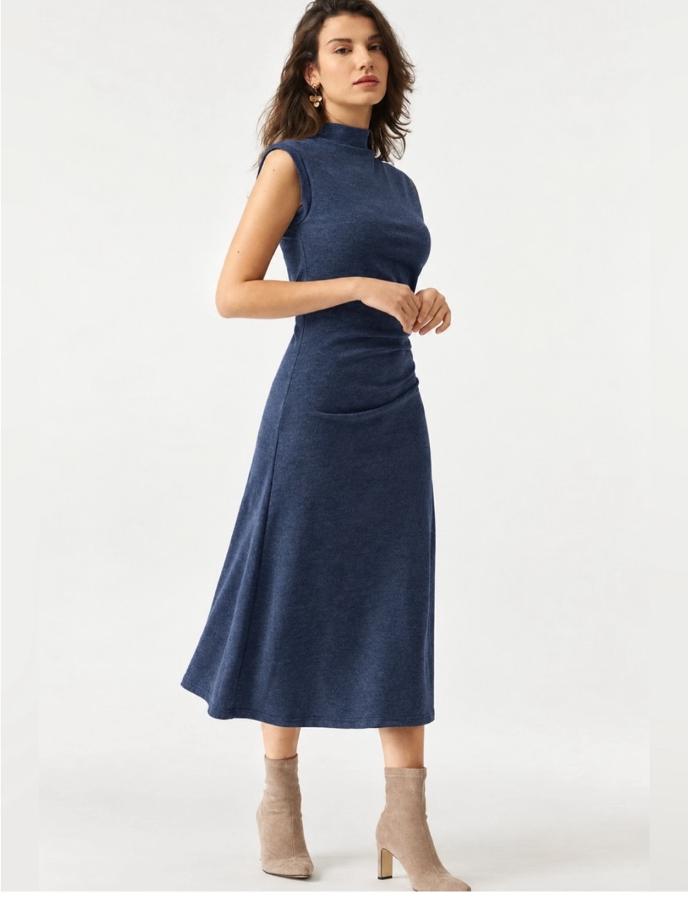 OGL Navy Cotton Blend Mock Neck Side Tucks Sleeveless Fitted Midi Dress Size s